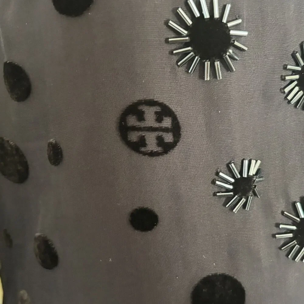 Tory Burch Angela Silk Velvet Dot Beaded Dark Navy Tunic Blouse Top Size 4